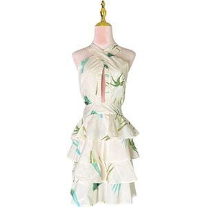 OLIPHANT Cross Front Mini Dress in Fond Green Tropical Print. Size XS. NWT!